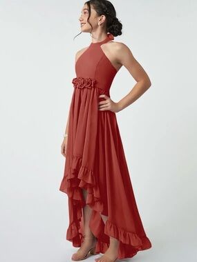 Azazie Halter High-Low Ruffle Maxi Dress in Rust